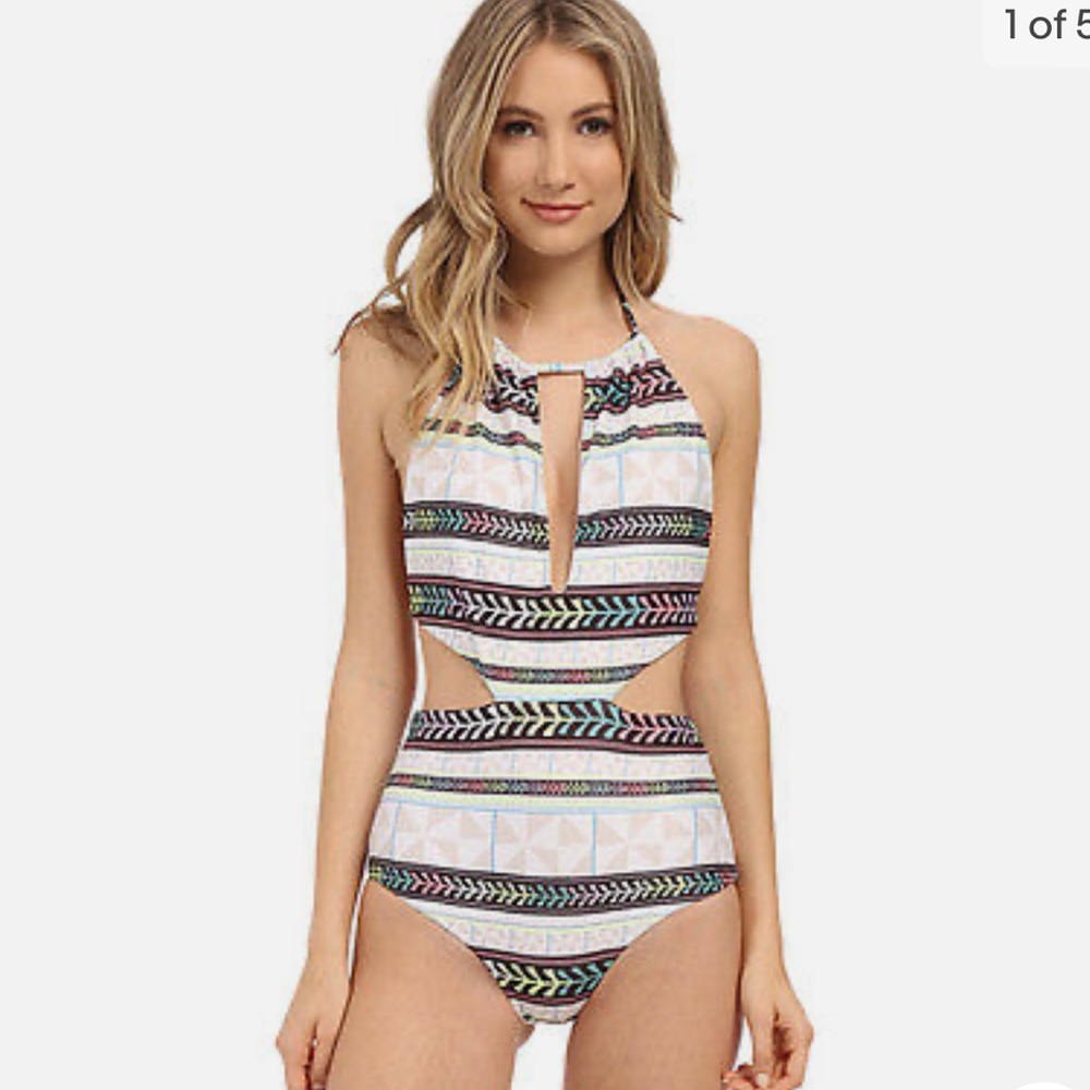 MARA HOFFMAN slit front reversible halter one piece swimsuit small